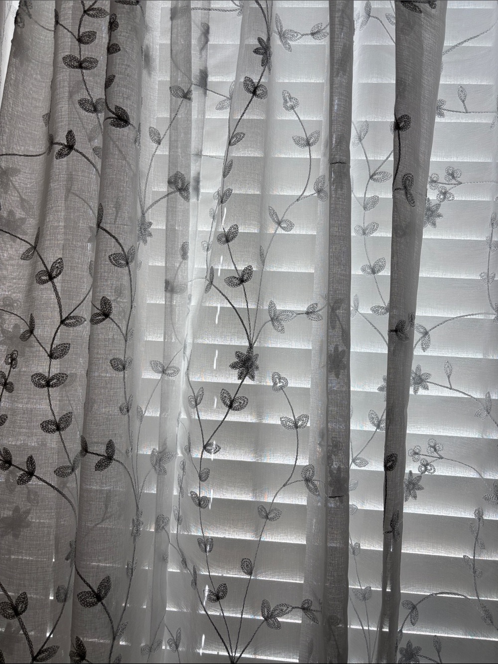 Set of Floral Embroidered Gray Flowers on Sheer White Panel 63 inch